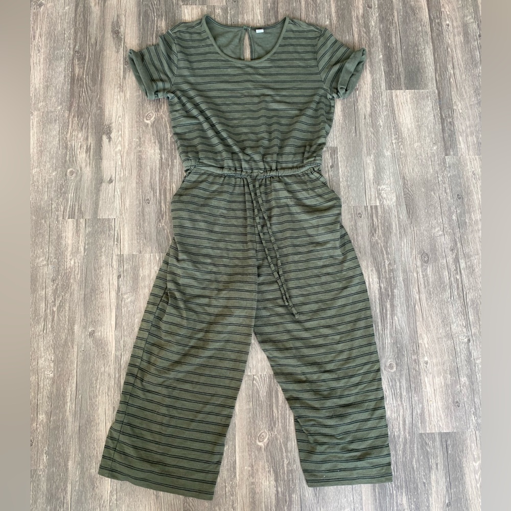 Old Navy size L green and black striped jumpsuit - button closure at neck
